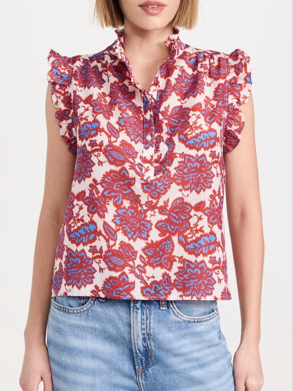 Women's Red & Blue Floral Ruffle Sleeve Top